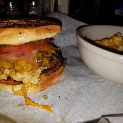 The Ultimate  Boo Boo burger, cheddar cheese, mac and cheese, slice of ham, and chipotle mayo, with all the fixings!