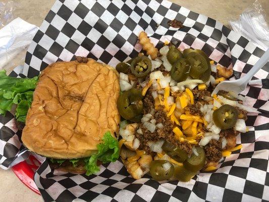 Foster burger with loaded fries