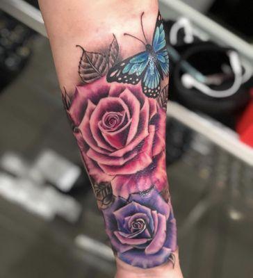 Forearm Rose Cover up done by Artist Angie Zapata