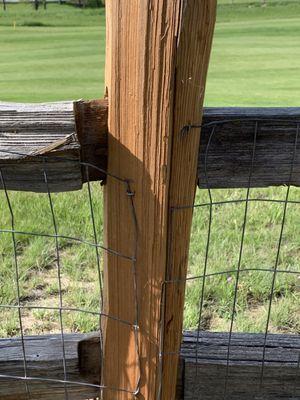 Split rail fence repair is quite sloppy.