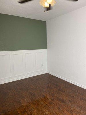 Custom Wainscoting. Accent Walls: SW6186 Dried Thyme Satin. Main Walls: SW Extra White Satin