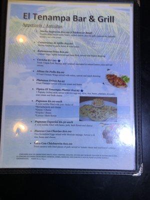 El tenempa food menu.