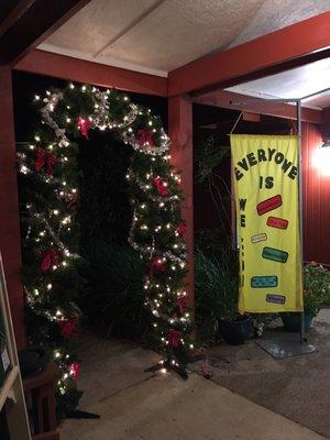 At the entrance of the church there's a banner with a warm greeting, "everyone is welcome".