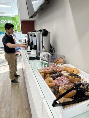 Enjoy coffee and donuts before and after service.