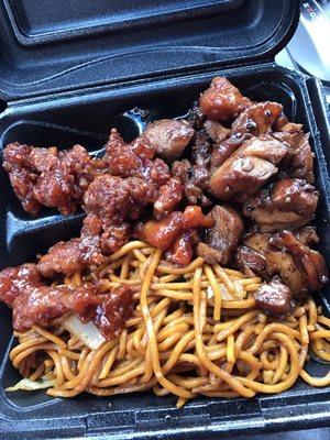 Honey chicken on left, bourbon chicken on right with lo mein noodles.