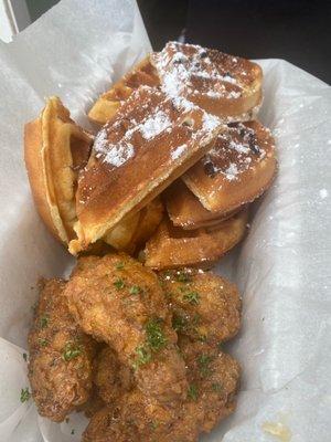 Basket of HB fried wings and chocolate chip waffles