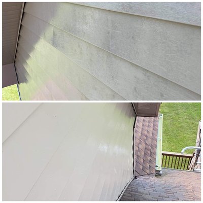 Upper level of home siding before and after