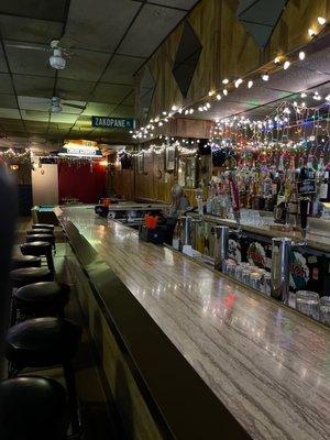 A bar otherwise empty but for the author  and this bartender on her phone on a Saturday night.