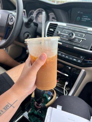 Iced caramel vanilla oatmilk latte