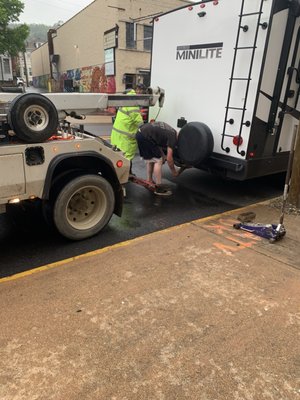 Chuck, winching the trailer away from the pole