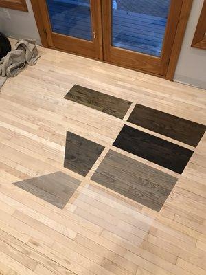 A stain sample display on the floor to help find the right color.