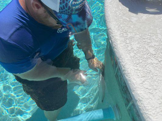 One of our light repair technicians fixes a pool light that had been leaking, causing the light to stop working.