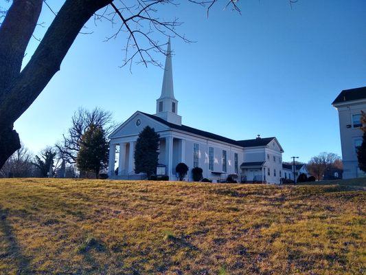 New Dorp Moravian church on a Sunday day from church grounds.