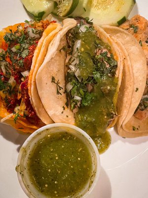 Camarones Taco; Taco suadero; and taco al pastor. $3-3.50 each