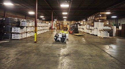 A small portion of the Fibers warehouse filled with janitorial, packaging, and safety supply needs.