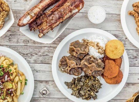 Oxtail Plate, BBQ Pork Ribs, Chopped Beef Fries and Fried Pork Ribs