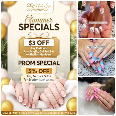 SUMMER SPECIAL 
 Enjoy $3 OFF any Pedicure & Acrylic, Gel Full Set, or Shellac Manicure!