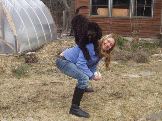 Dog perched on trainer's shoulder