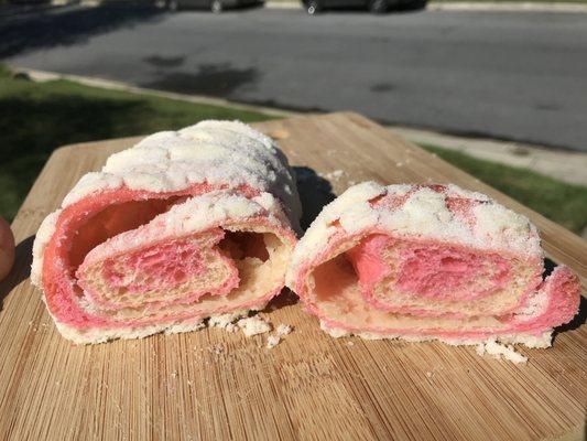 Bread w beautiful cross section covered liberally with butter/sugar - yum!