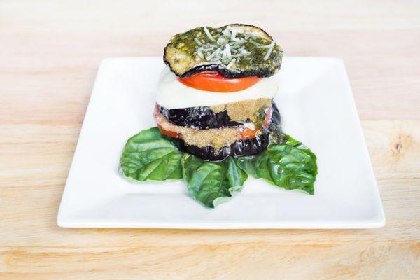 Vegetarian Eggplant, Millet, Mozzarella and Tomato Stacks