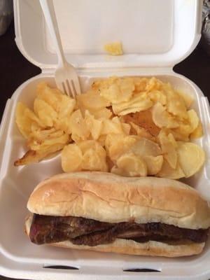 Tri tip sandwich comes with a can of soda & a small bag of chips for &5.On Fridays they have augratin potatoes $1 per side.