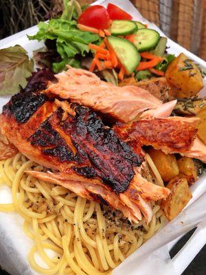 Salmon and garlic noodles.