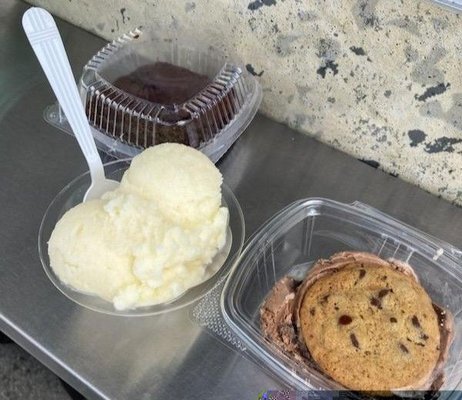 Brownie, piña colada gelato (with alcohol), fudge brownie gelato chocolate chip cookie sandwich