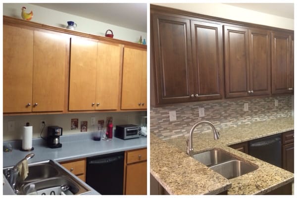 Replaced doors with alder raised panel, refinished existing framework and new doors to chestnut with dark walnut glaze