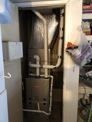 High efficiency 96% afue. up flow furnace in garage.