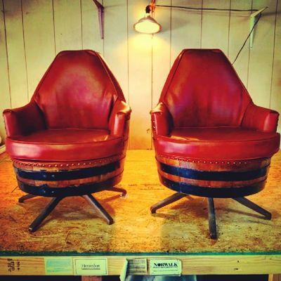 Finished product of some Jack Daniels Whiskey barrel chairs from '68. Call us today at Rocket City Upholstery! (256)302-5735