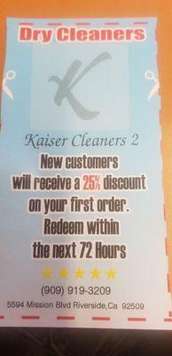 NEW CUSTOMERS

Will customers will receive a 
25% DISCOUNT 

WE HAVE THE BEST PRICES AND TURN AROUND TIME IN TOWN.

COME ON IN