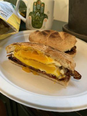 Salami egg and cheese with a runny yolk request.