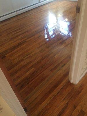 Sanded, stained, clear coated floor.