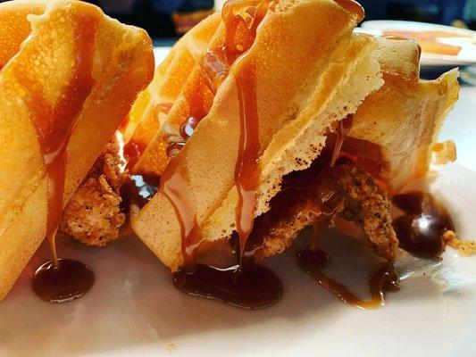 Chicken and waffles topped with our famous caramel bourbon sauce.