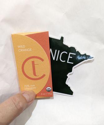 Dark chocolate with orange and a Minnesota nice sticker