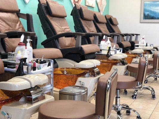 All new spa pedicure chairs. Also use disposable liners for every pedicures