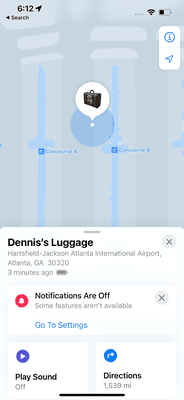 My AirTag showing my luggage lost in Atlanta (my stopover)