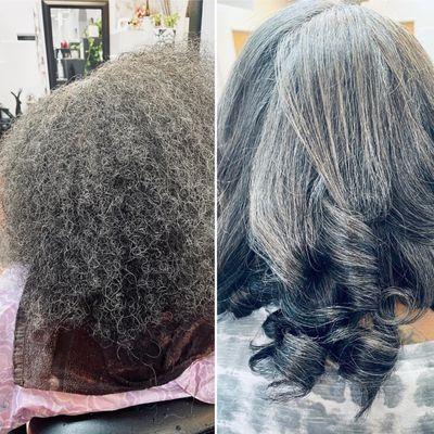 Smooth Silk Press on Gray Hair, Color, Cut & Style