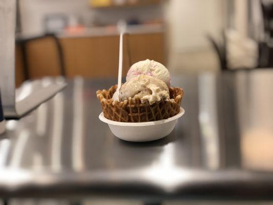 The Trio waffle bowl: 1 scoop each of White Chocolate Peppermint, Gooey Butter Cake and Campfire Chocolate.