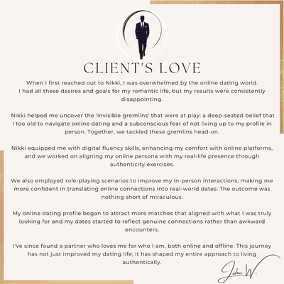 Client review for life coaching and dating coaching.