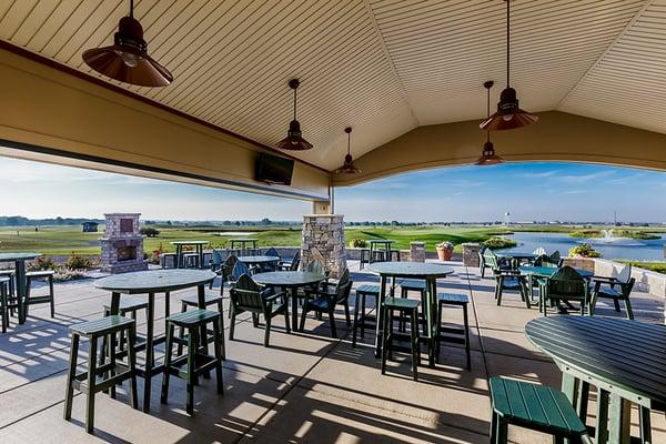 Covered Patio with flat screens, overlooking the greens.