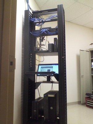 Network rack, server, switches, router, modem, NAS.