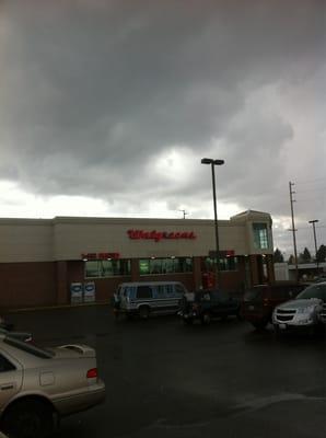 Outside Walgreen's on a yucky day