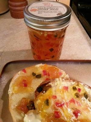 Spicy, sweet Habanero Gold Jam. Dried apricots, habanero, diced red bell peppers & red onions. So good served with goat cheese.