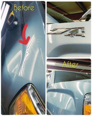 Fender Ding Removal on this GMC truck. Saved the original factory finish on this PDR repair.