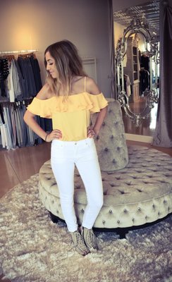 Off shoulder body suit and white denim!!