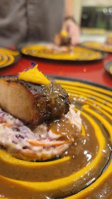 Glazed Pork Loin Steak on Pumpkin Purée and Gravy