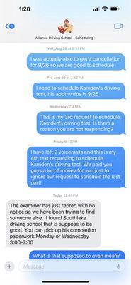 Screenshot of text with the driving school owner