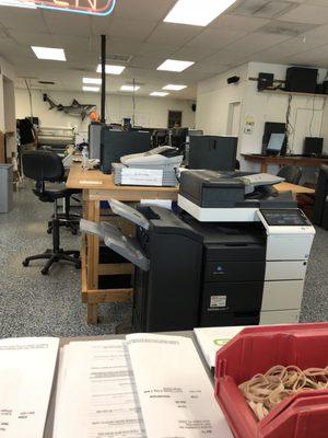 Desktops and printing equipment.