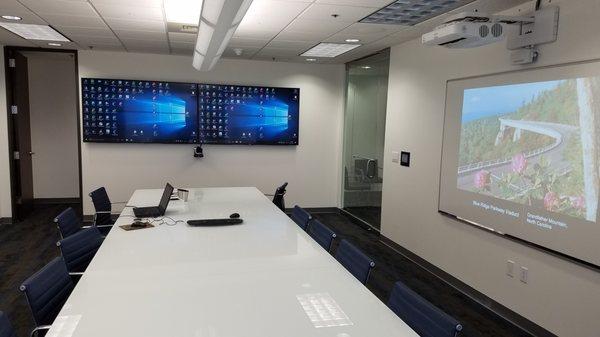 Video conferencing room with dual displays and interactive projector